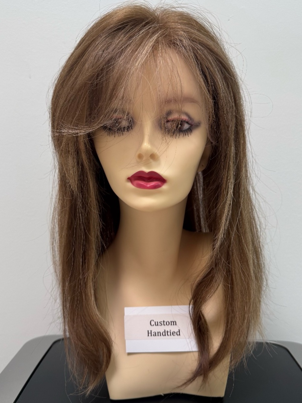 Human Hair Handtied Lace Wig, brown with sun streaked highlights